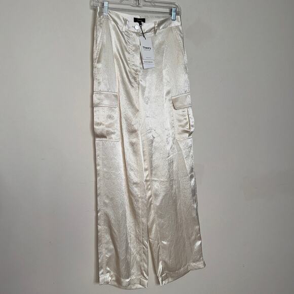 Theory Ivory Satin Wide Leg Cargo Pants Size 00/XS - Picture 4 of 9